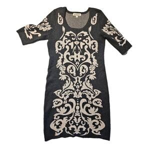 Pink Rose Sweater Dress Sz Large Knit Black White Short Sleeve Stretch